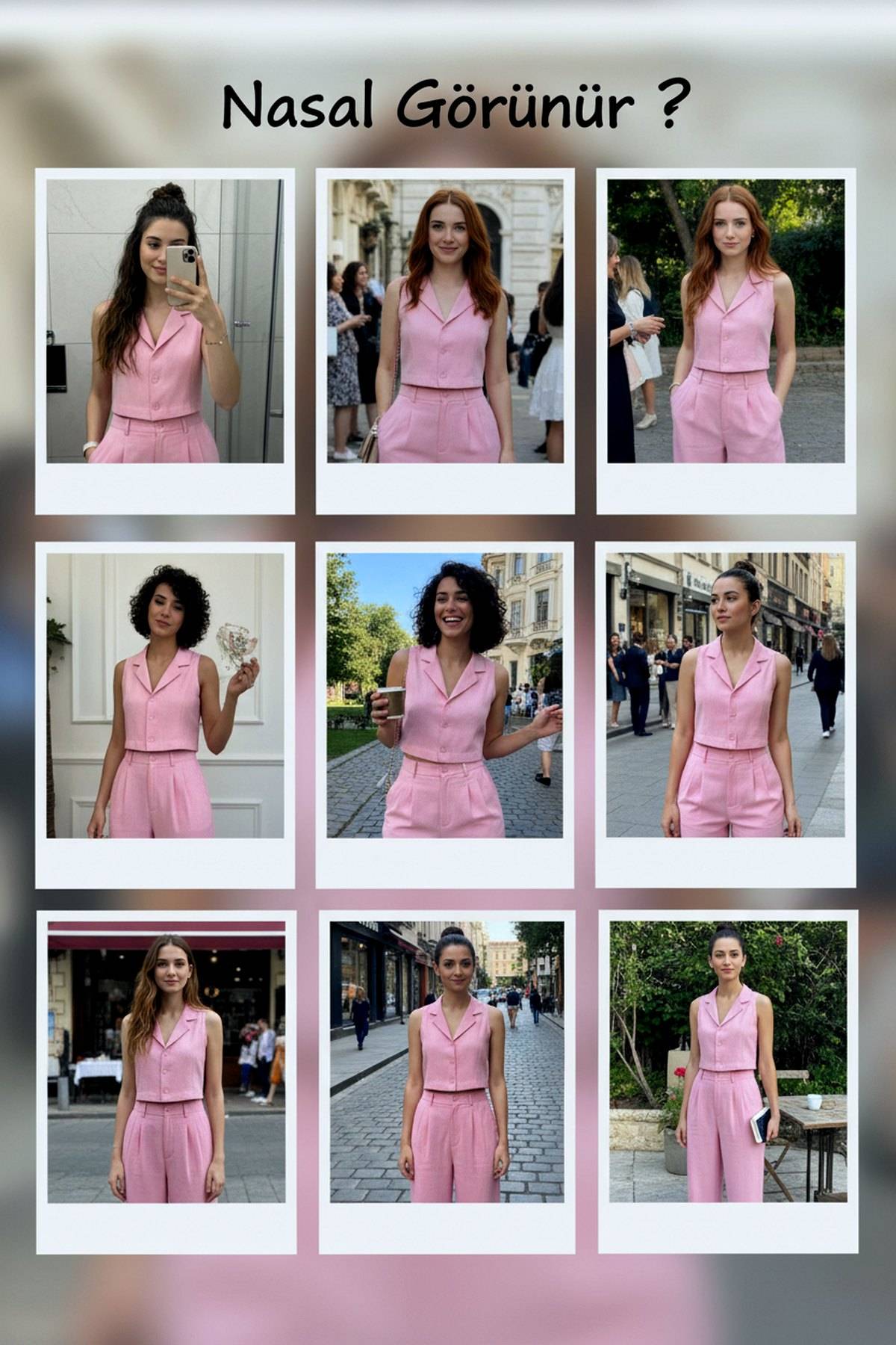 The ZKS pembe kadın yelek ve pantolon ikili takımın farklı açılardan ve mekanlarda çekilmiş kolajı