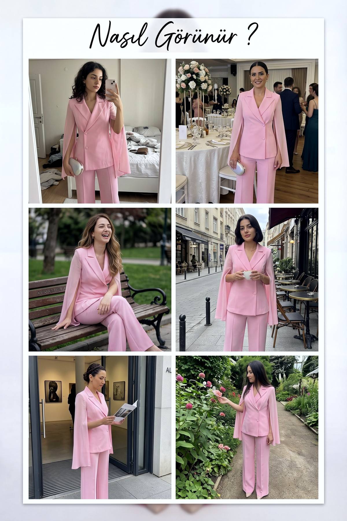 Pembe şifon kollu kruvaze ceket ve düz paça pantolon takımı, farklı kullanım ve mekan görselleri