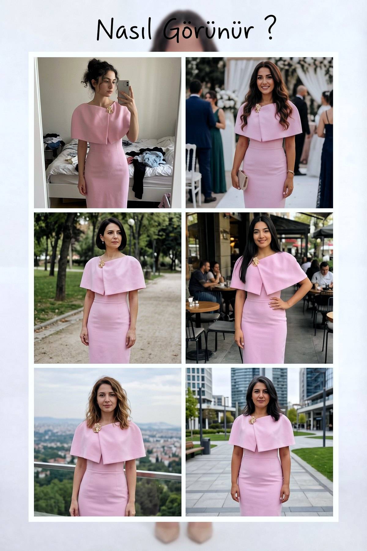 The ZKS pembe midi kalem elbise, farklı ortamlarda ve açılarda kullanımını gösteren kolaj