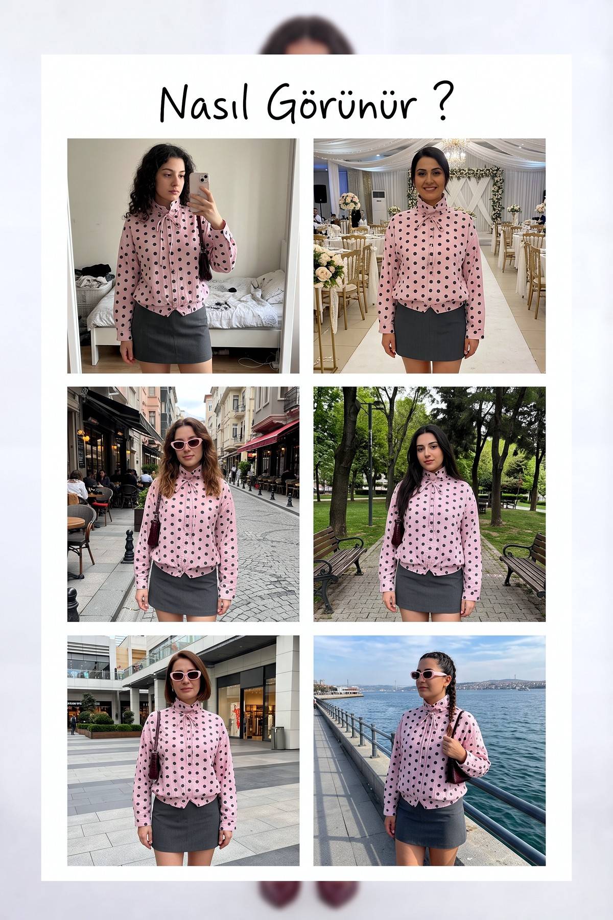 The ZKS puantiyeli pembe kadın rüzgarlık ceket, farklı mekanlarda giyilmiş kombinleri gösteren kolaj