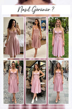 Farklı mekanlarda giyilmiş The ZKS pembe saten midi boy gloplu abiye elbise kombinleri