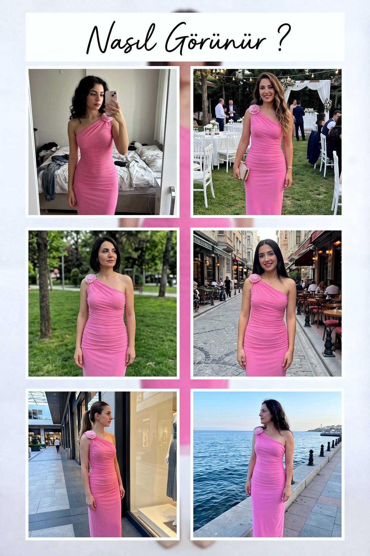 Pembe tek omuzlu kalem midi elbise, farklı mekanlarda giyim stili önerileriyle kolaj görsel