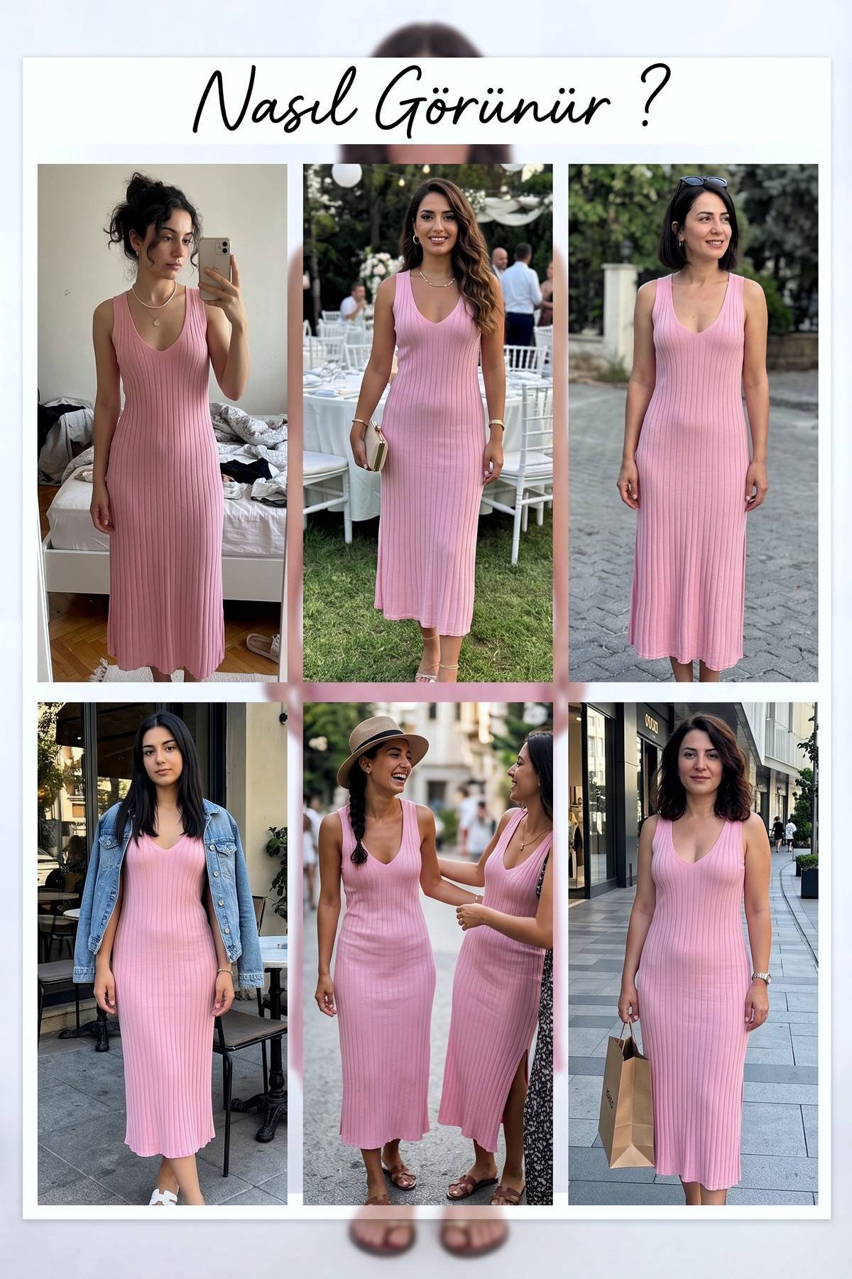 Pembe fitilli triko midi elbise, V yaka kesimi ve esnek kumaş dokusuyla yakın çekim.