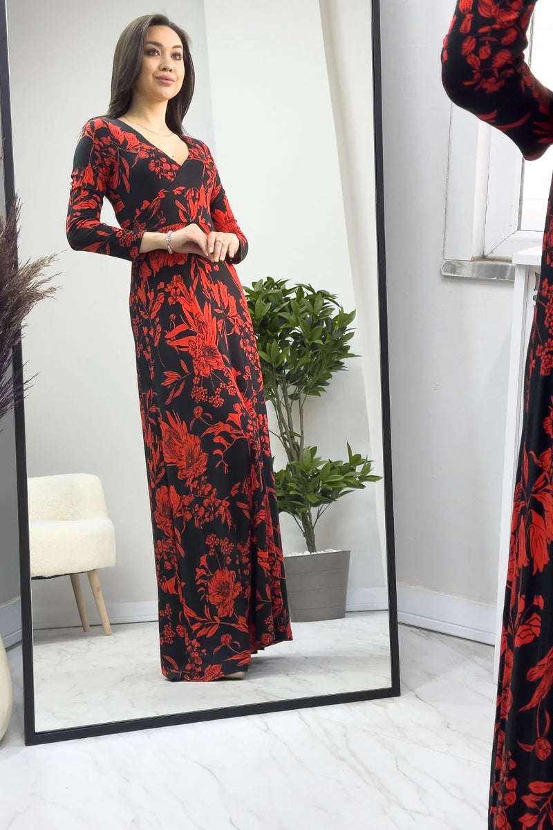 Siyah Uzun Kol Dokuma Viskon Elbise