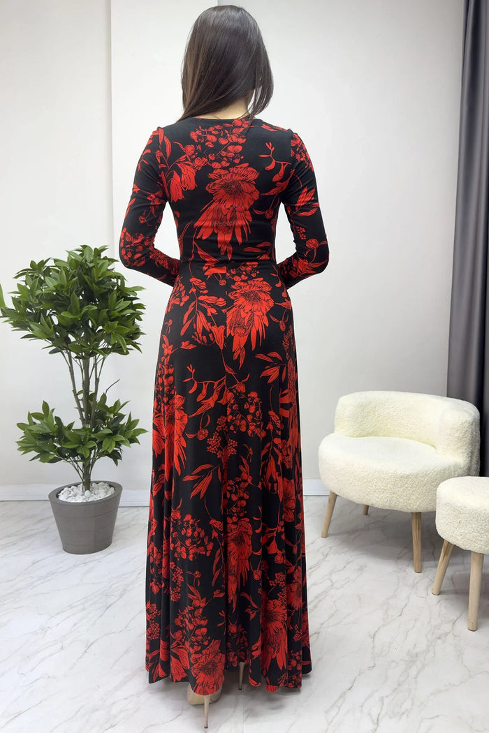 Siyah Uzun Kol Dokuma Viskon Elbise