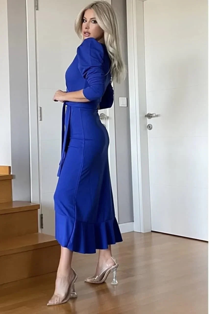 Saks Kadın Karpuz Kol Kruvaze Krep Kuşaklı Büyük Beden Volanlı Elbise

