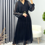 Kadın Siyah Piliseli Midi Kemerli Şifon Elbise