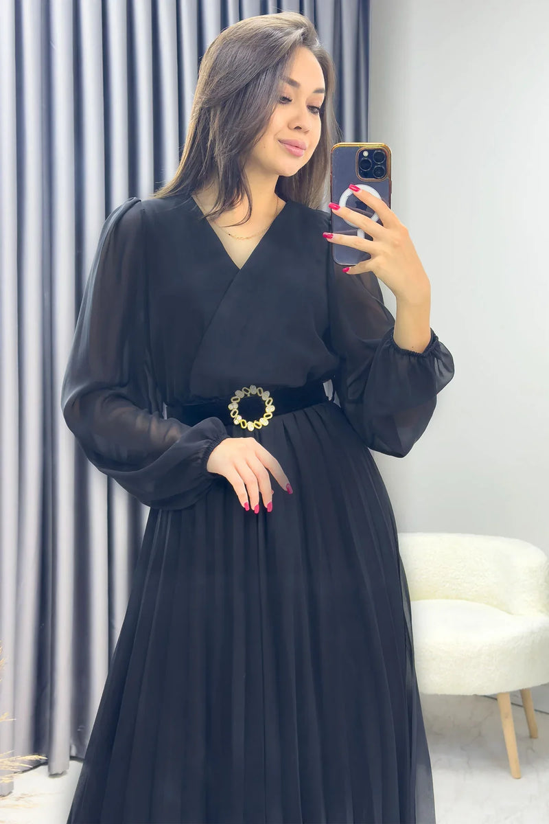 Kadın Siyah Piliseli Midi Kemerli Şifon Elbise