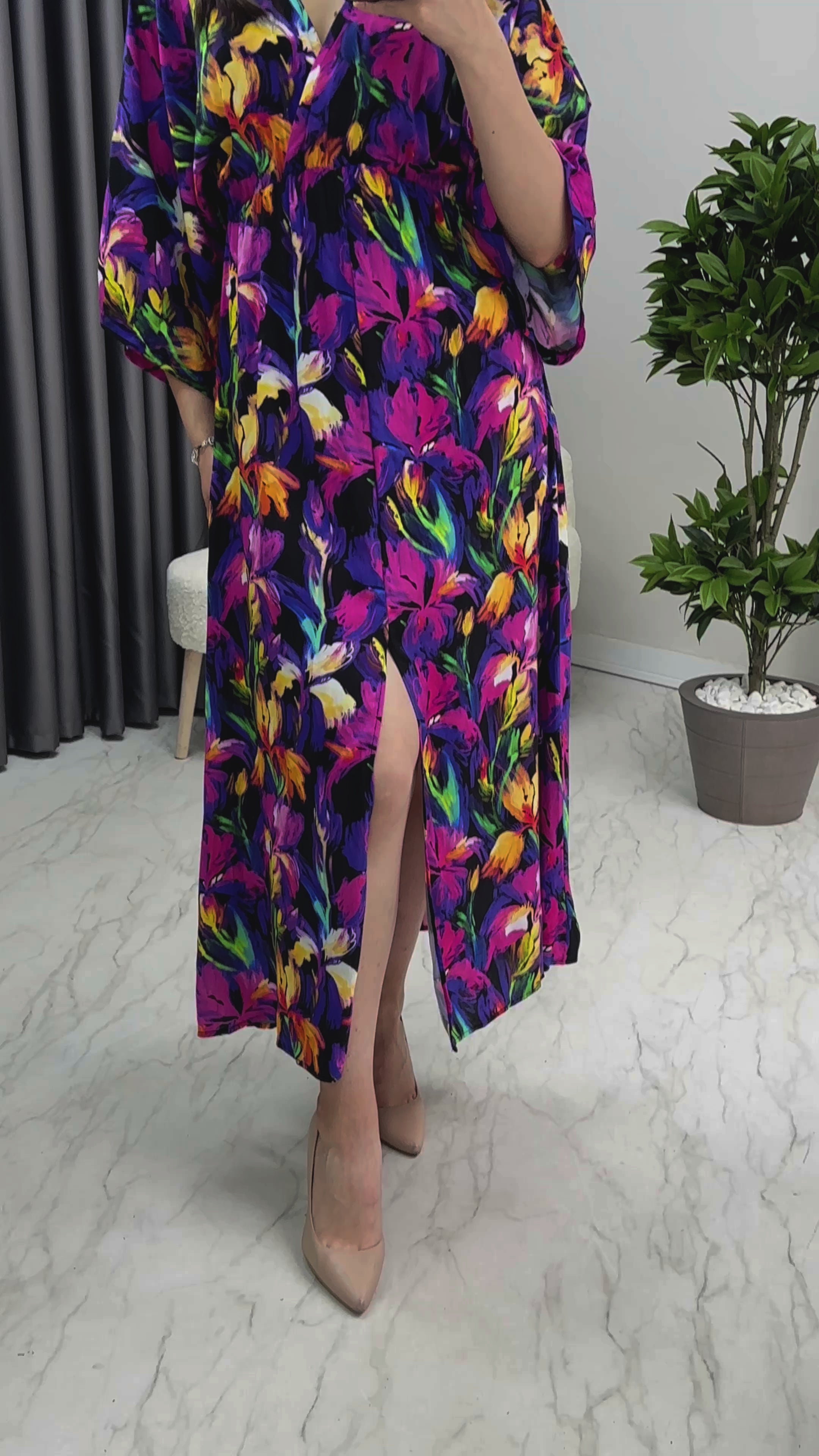 Mor Çiçek Desenli Viskon Yazlık Elbise