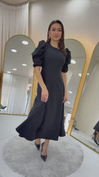  Balon Kol Midi Boy Volanlı Elbise