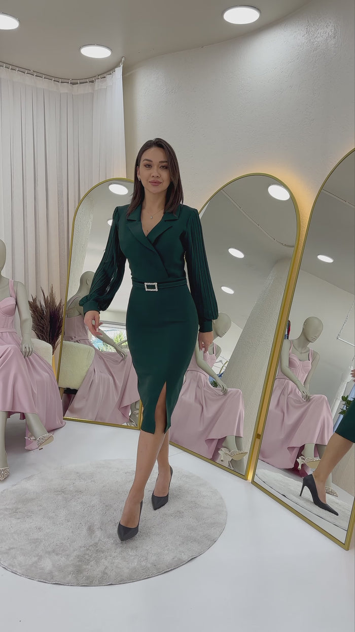 Yeşil Kruvaze Yaka Kemerli Midi Boy Kalem Elbise