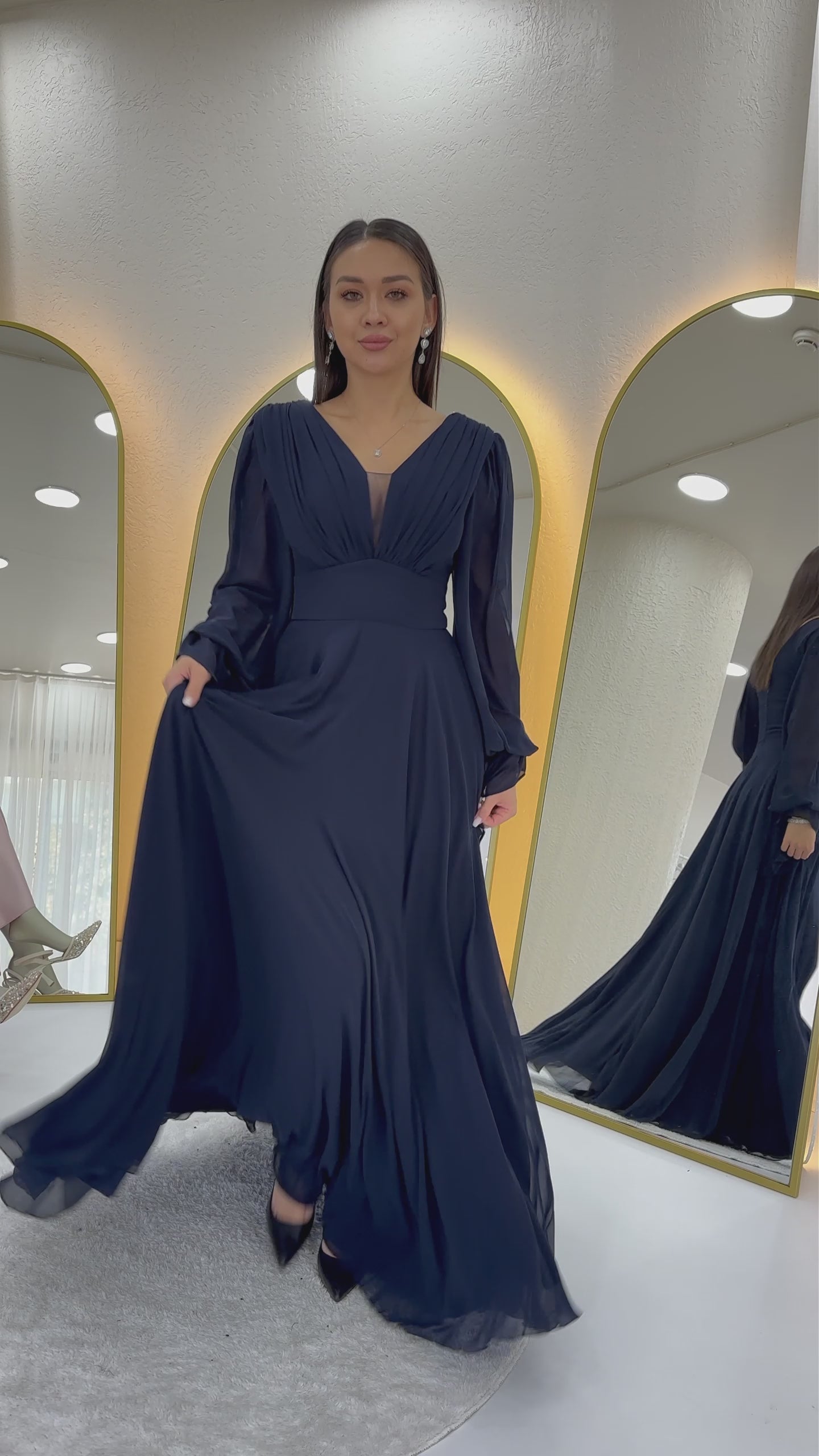 Uzun Kol Ön Büzgülü Maxi Boy Abiye 
