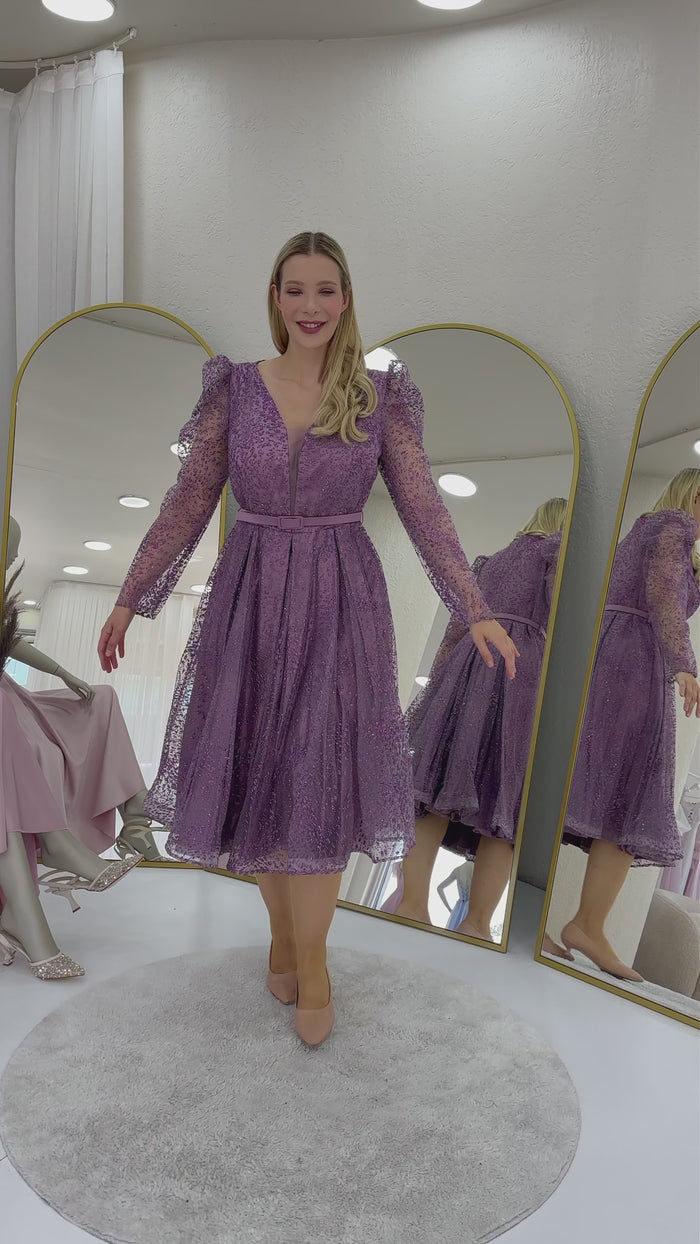 Lila Gloplu Kloş Kemerli Büyük Beden Abiye Elbise