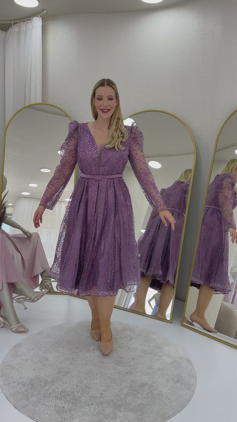 Lila Gloplu Kloş Kemerli Büyük Beden Abiye Elbise