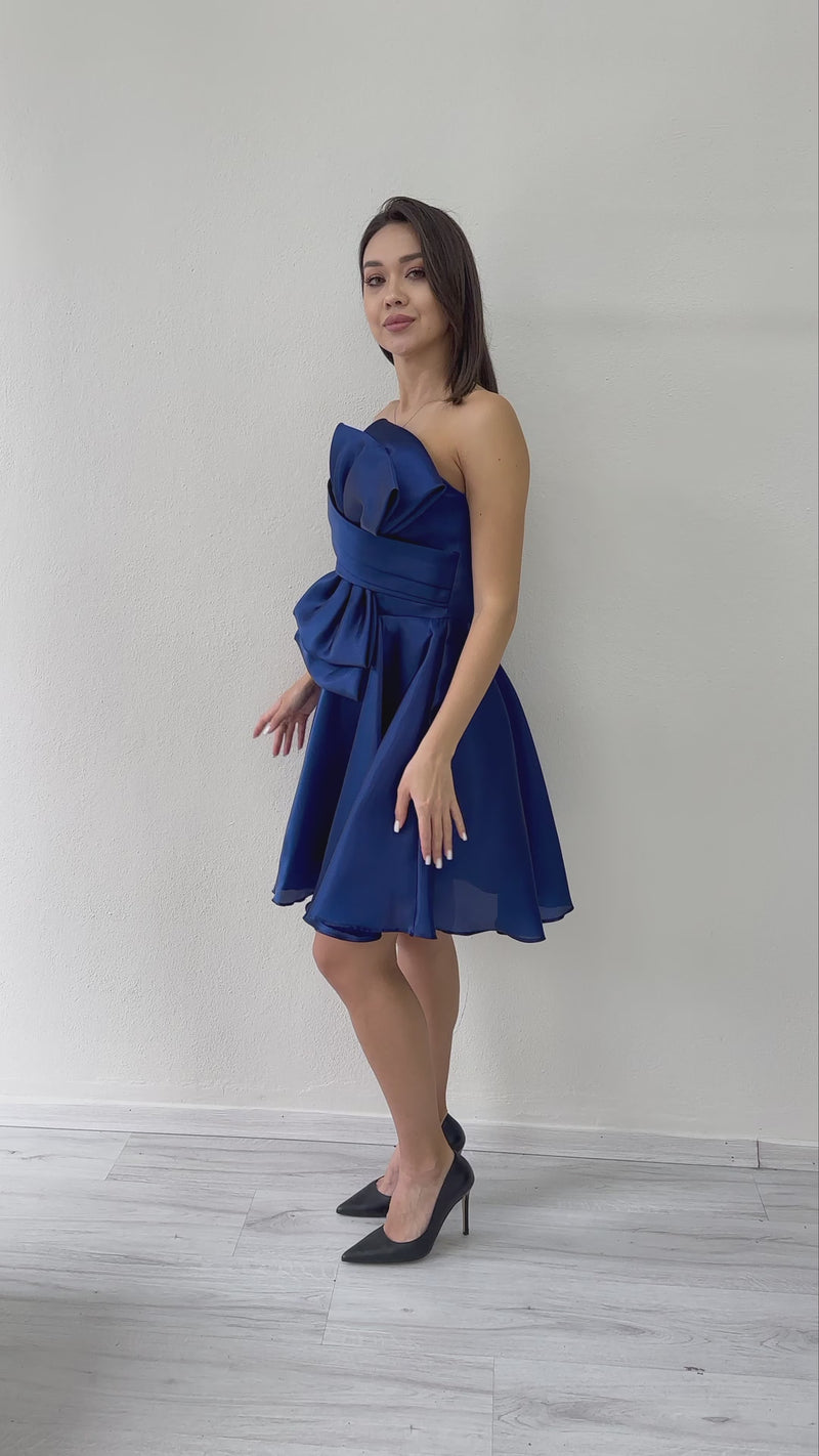 Lacivert Fiyonklu Straplez Mini Kloş Abiye Elbise