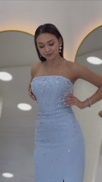 Straplez Taş işlemeli Yırtmaçlı Abiye Elbise