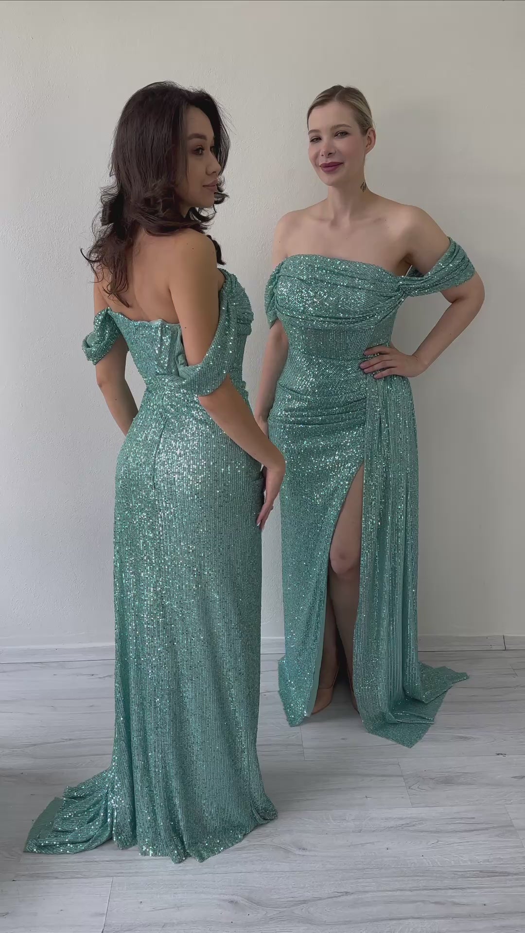 Kadın Düşük Omuz Su Yeşili Pul Payet Yırtmaçlı Abiye Elbise