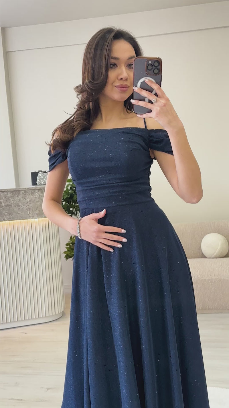 Kadın Lacivert Midi Boy Kloş Askılı Düşük Omuz Abiye Elbise