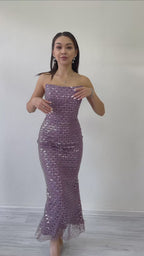 Straplez Boncuk İşlemeli Midi Boy Abiye Elbise