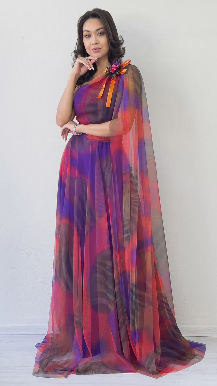 Turuncu Batik Desenli Tek Omuz Tül Detaylı Abiye Elbise