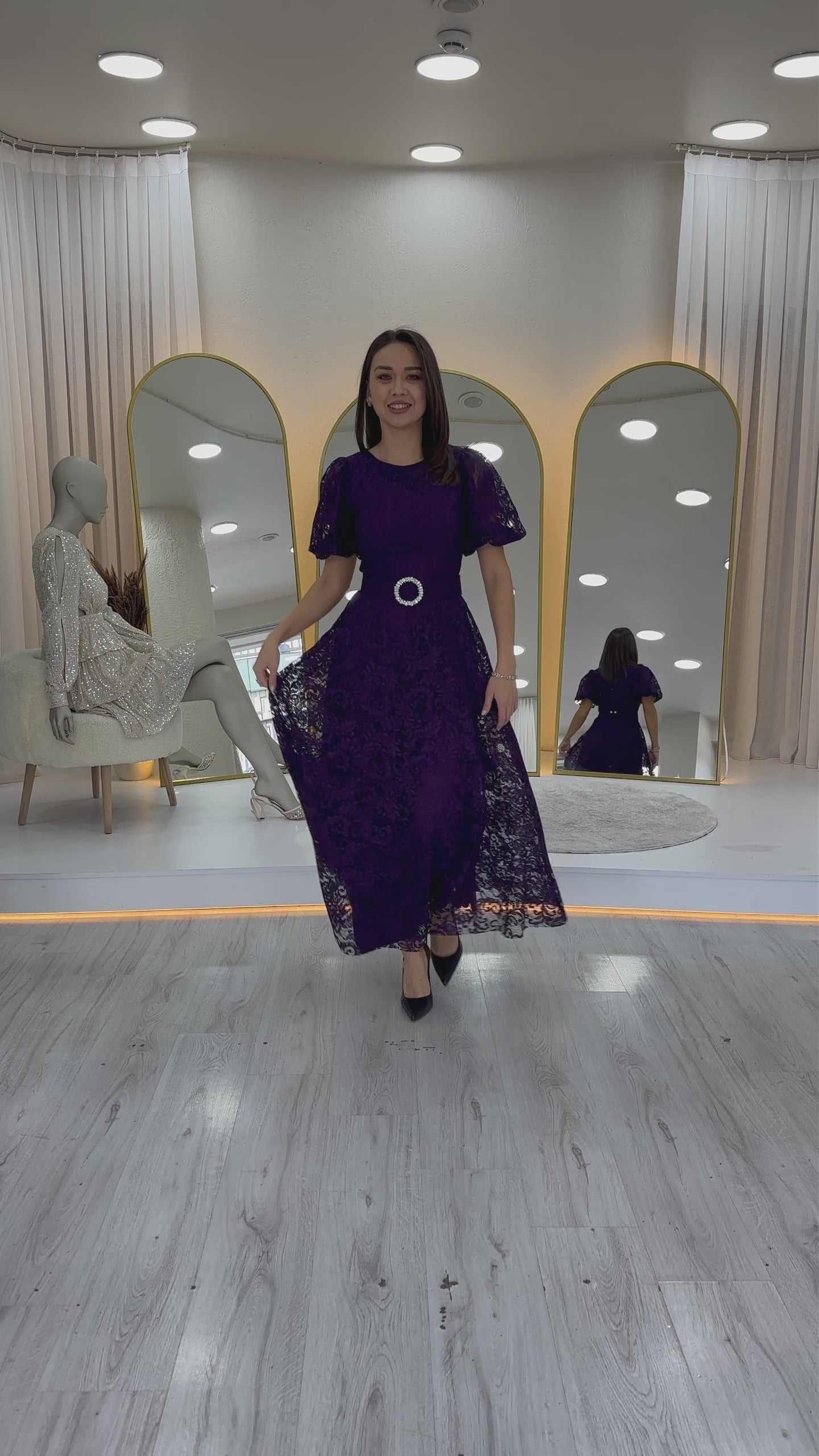 Balon Kol Maxi Boy Kemerli Dantel Elbise