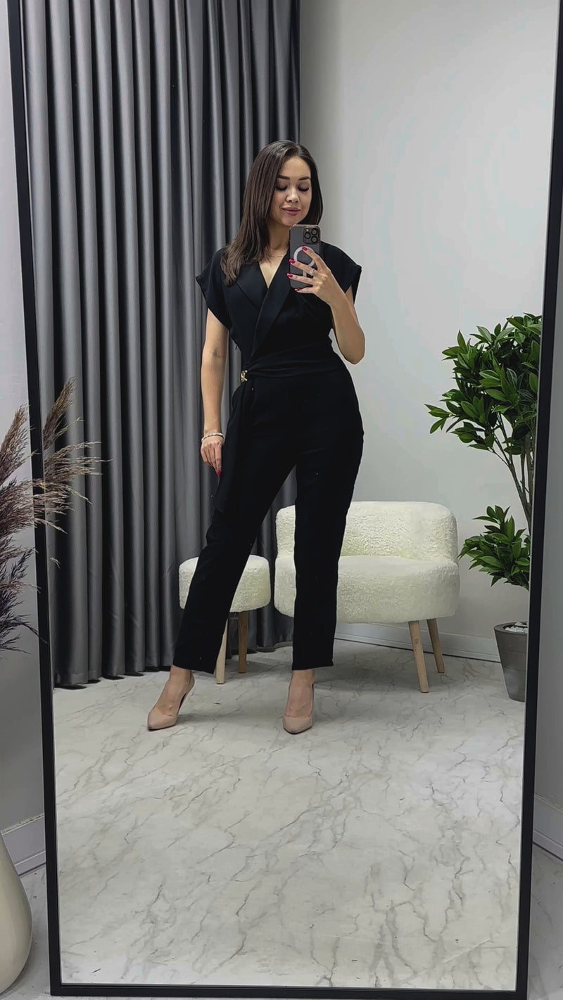 Kadın Siyah Kruvaze Gold Detaylı Tulum