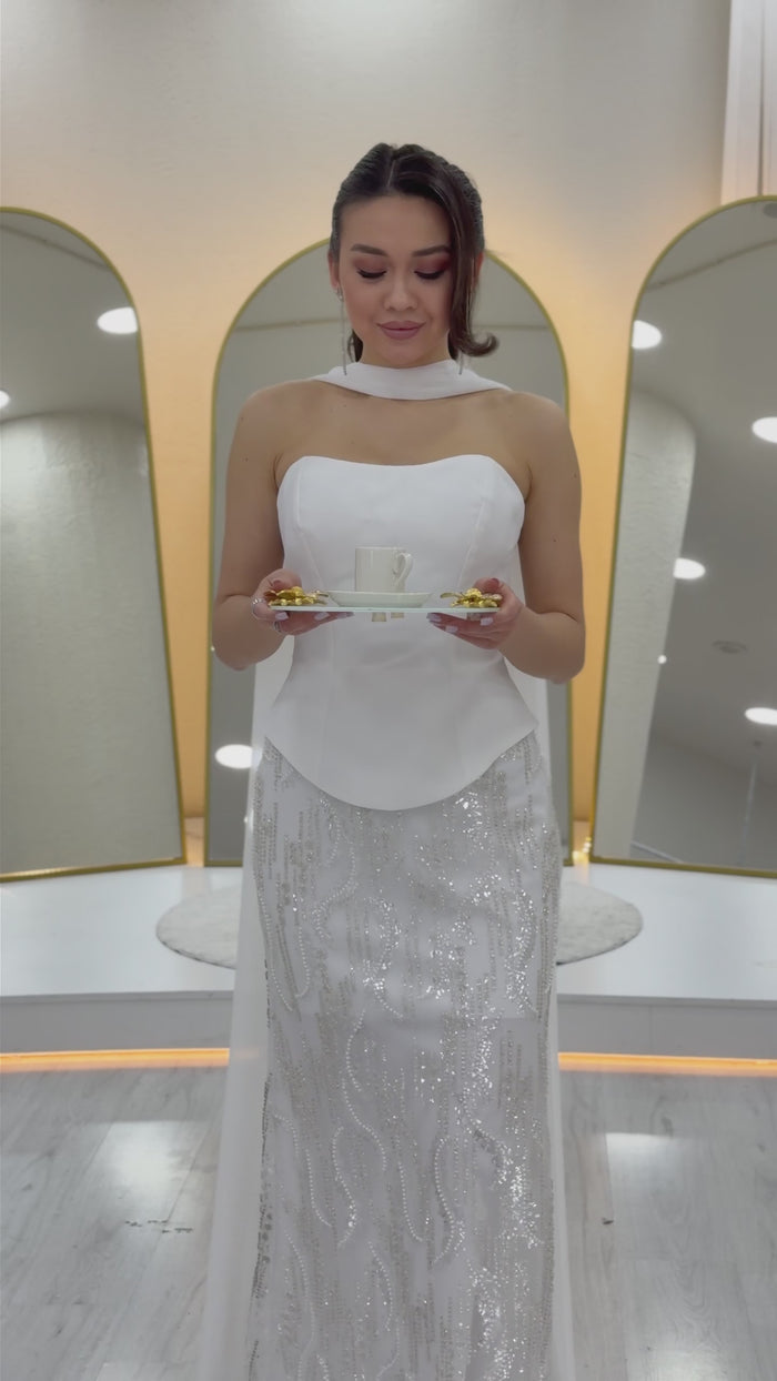 Bordo Straplez Şal Detaylı İşlemeli Uzun Abiye Elbise