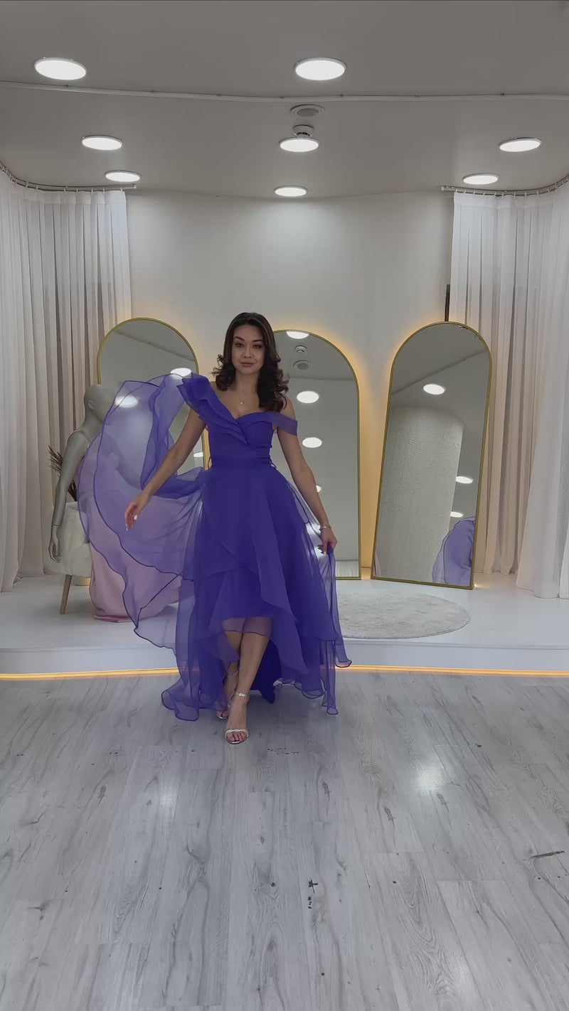 Mor Düşük Omuz Asimetrik Etek Tül Abiye Elbise