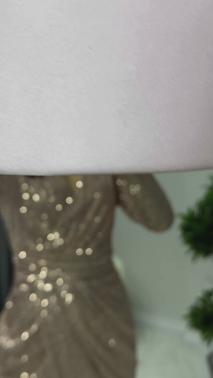 Pudra Kruvaze Yaka Payet Tasarım Uzun Kollu Abiye Elbise

