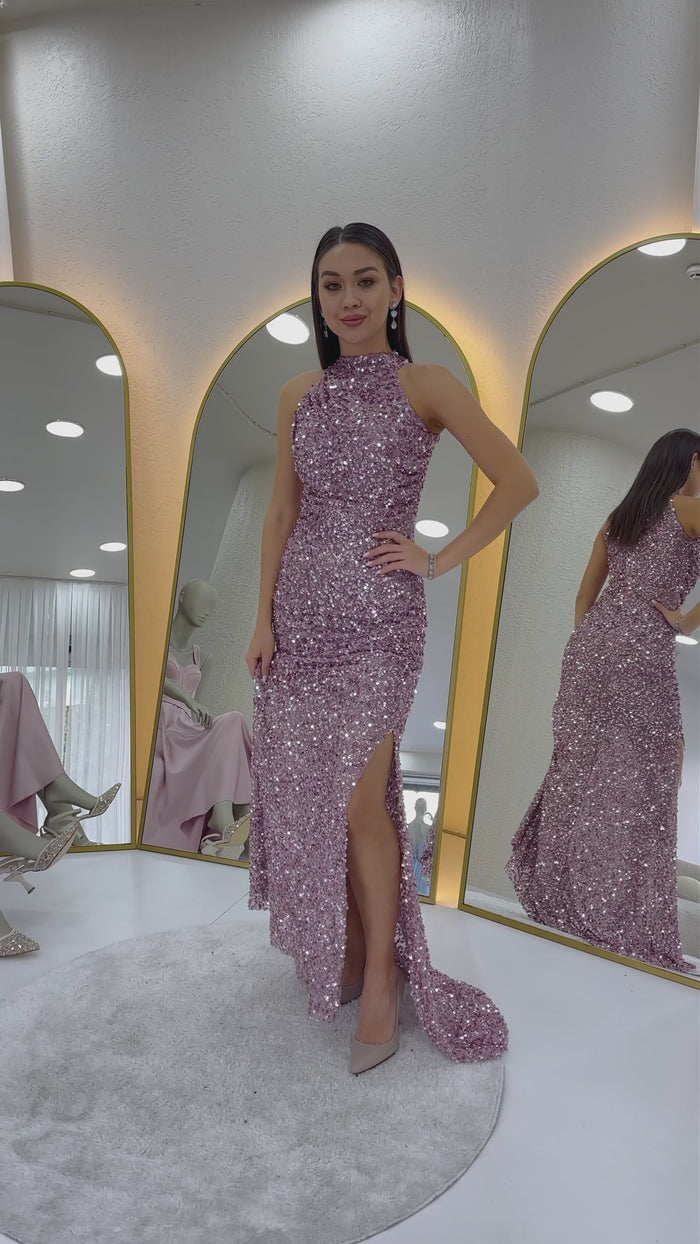Halter Yaka Pul Payet Kuyruklu Abiye Elbise