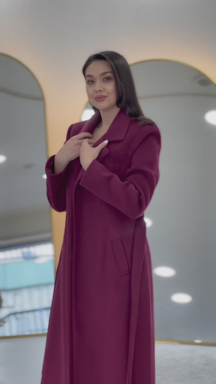 Kadın Bordo Astarlı Kuşaklı Kaşe Kaban