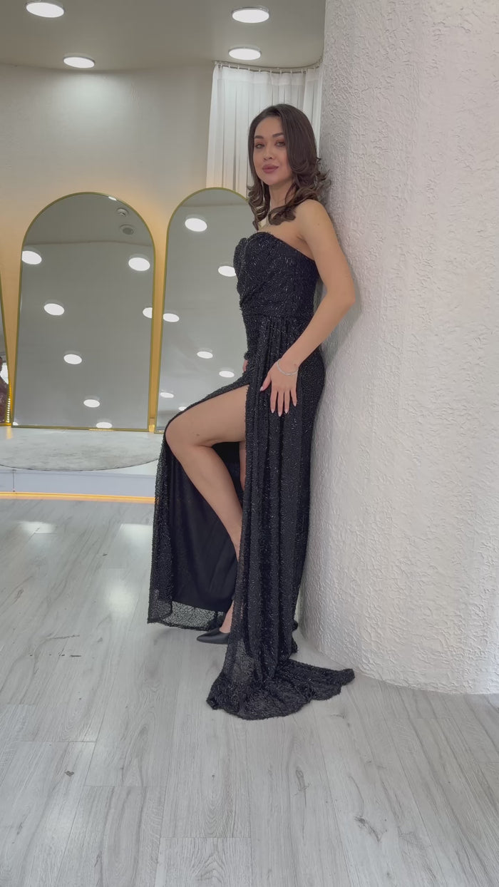 Straplez Pul Payet Taş İşlemeli Kuyruklu Abiye Elbise