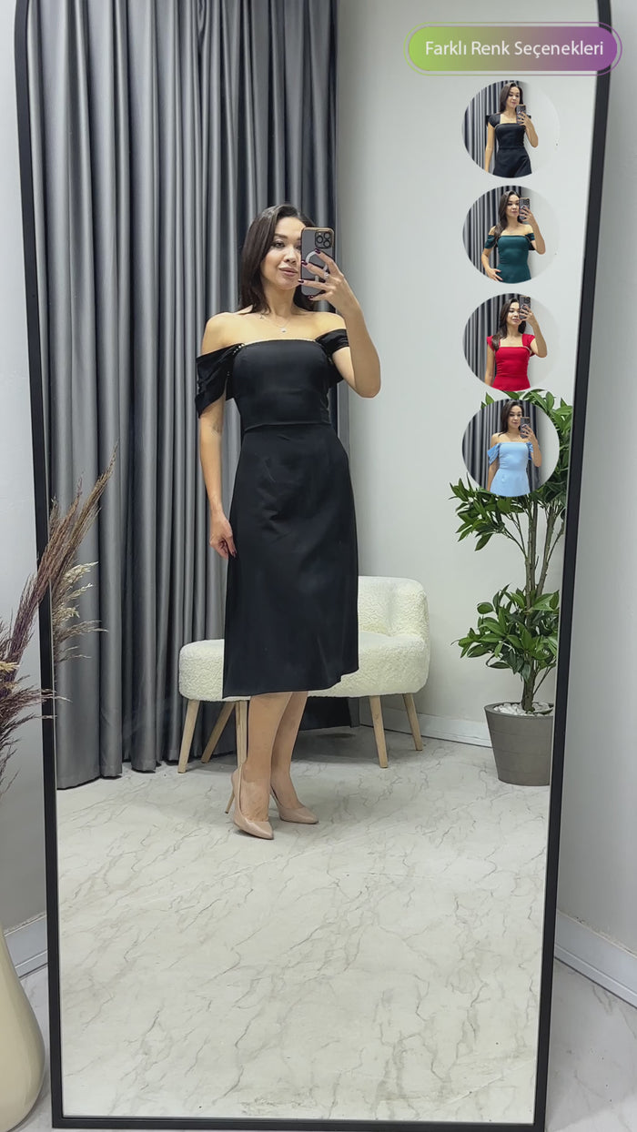 Kadın Siyah Kloş İnci Detay Elbise