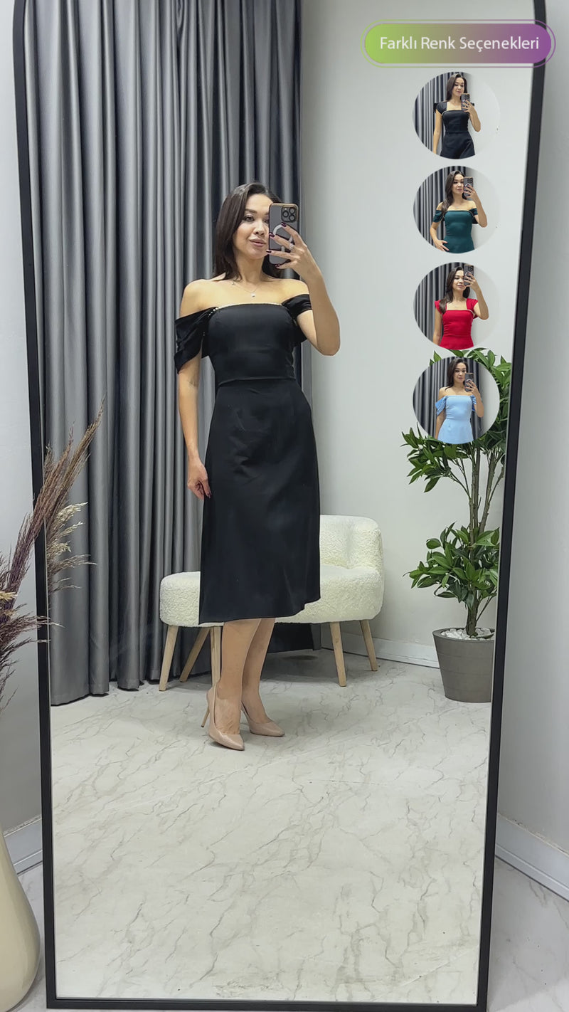 Kadın Siyah Kloş İnci Detay Elbise