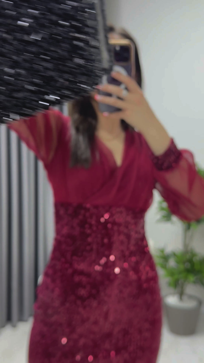 Bordo Kruvaze Yaka Payet Mini Abiye Elbise