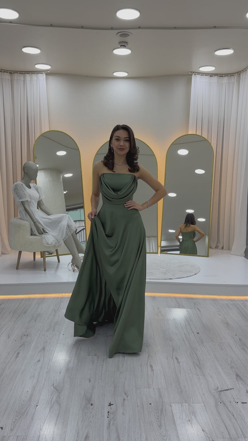 Straplez Saten Uzun Abiye Elbise