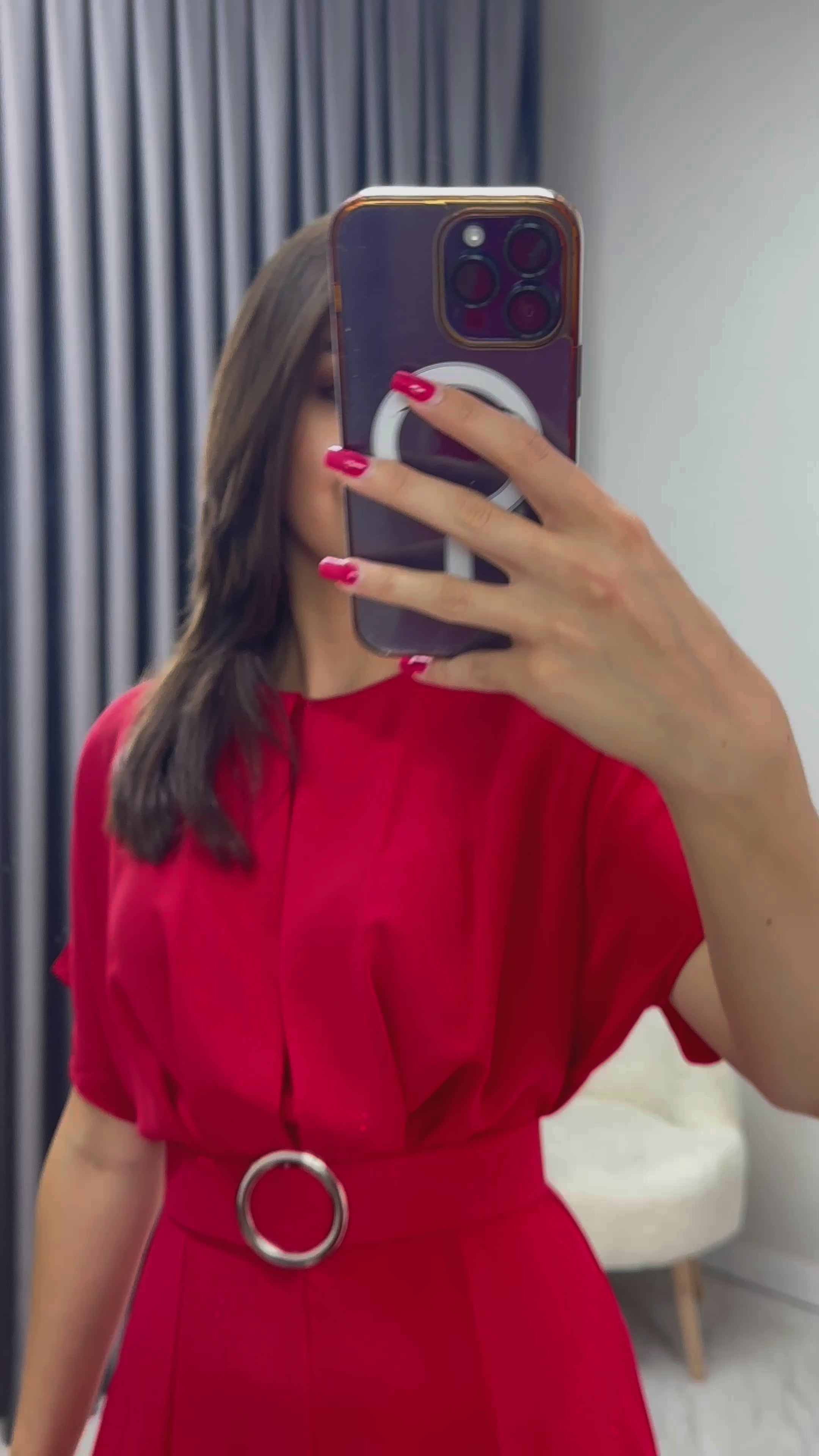 Kadın Kırmızı Önü Pileli Yarasa Kol Kemerli Midi Elbise