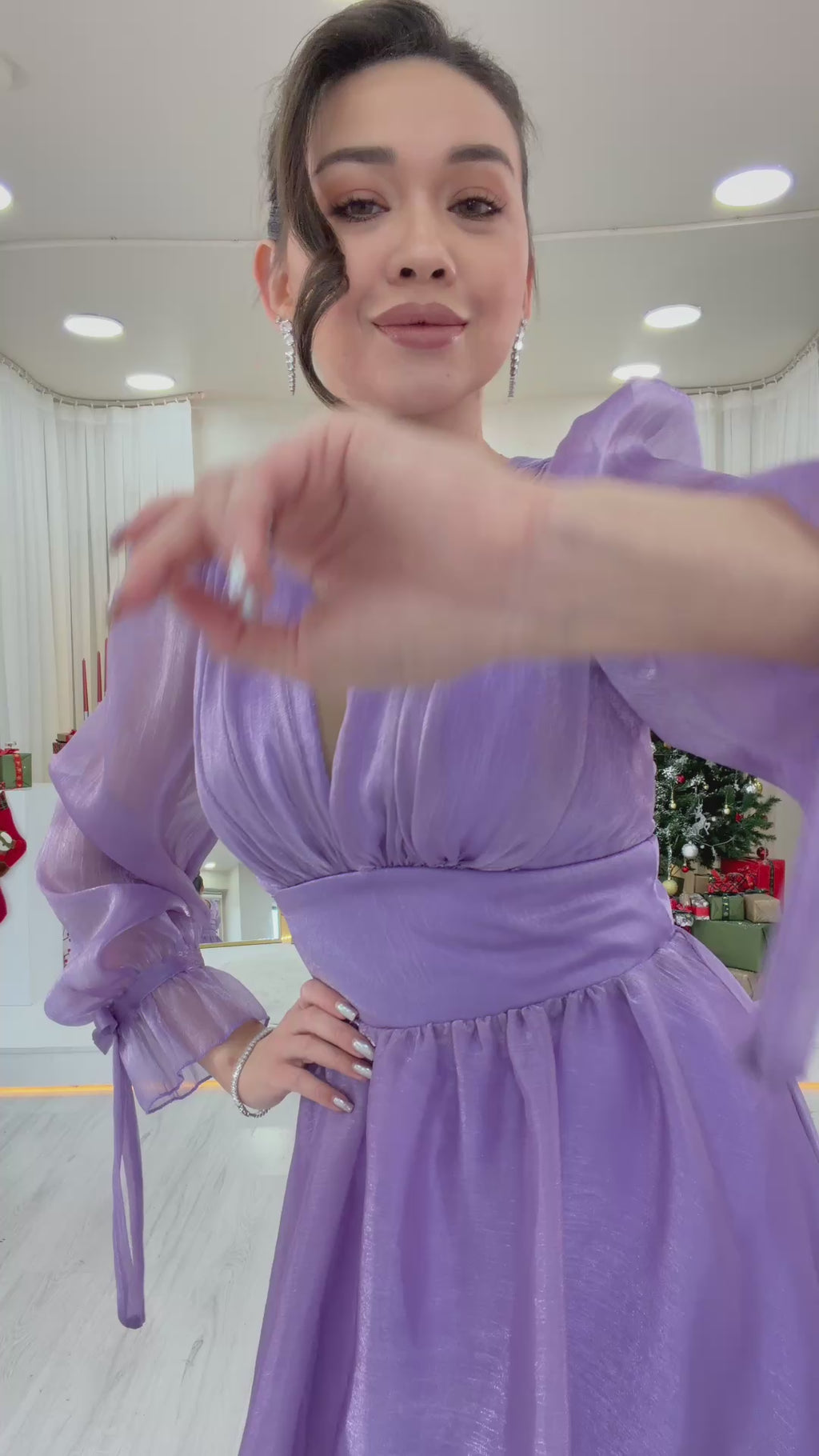 Asimetrik Etek Lila Karpuz Kol Prenses V Yaka Abiye Elbise