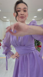 Asimetrik Etek Lila Karpuz Kol Prenses V Yaka Abiye Elbise