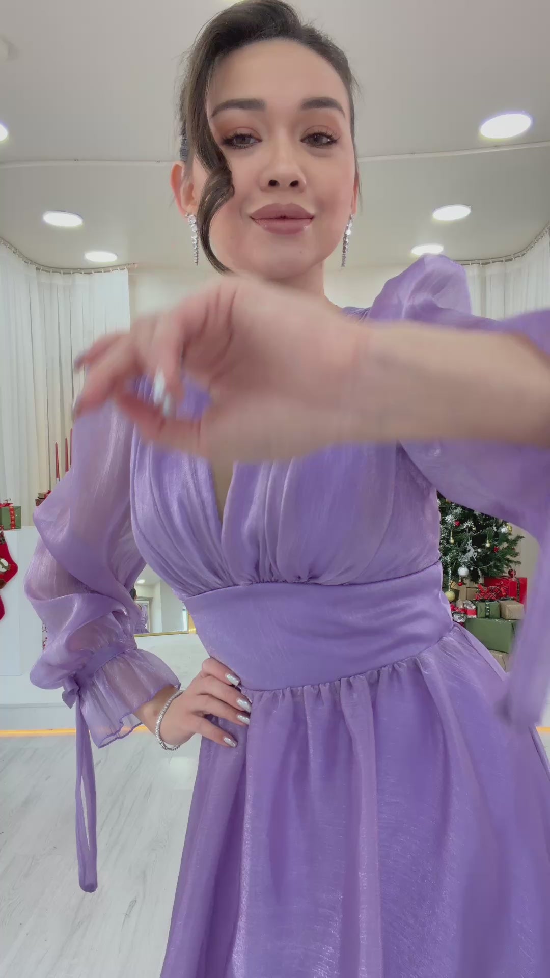 Asimetrik Etek Lila Karpuz Kol Prenses V Yaka Abiye Elbise