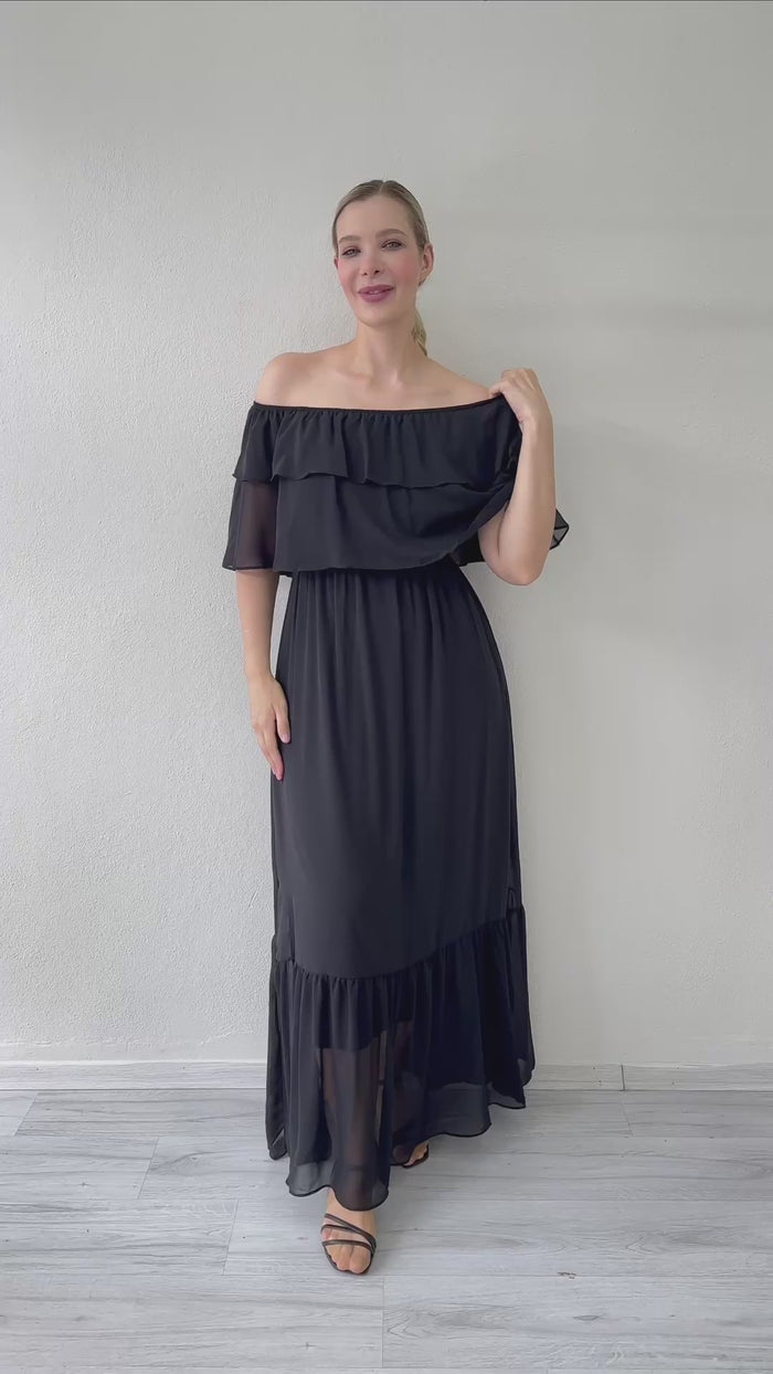 Siyah Carmen Yaka Volanlı Büyük Beden Uzun  Şifon Elbise