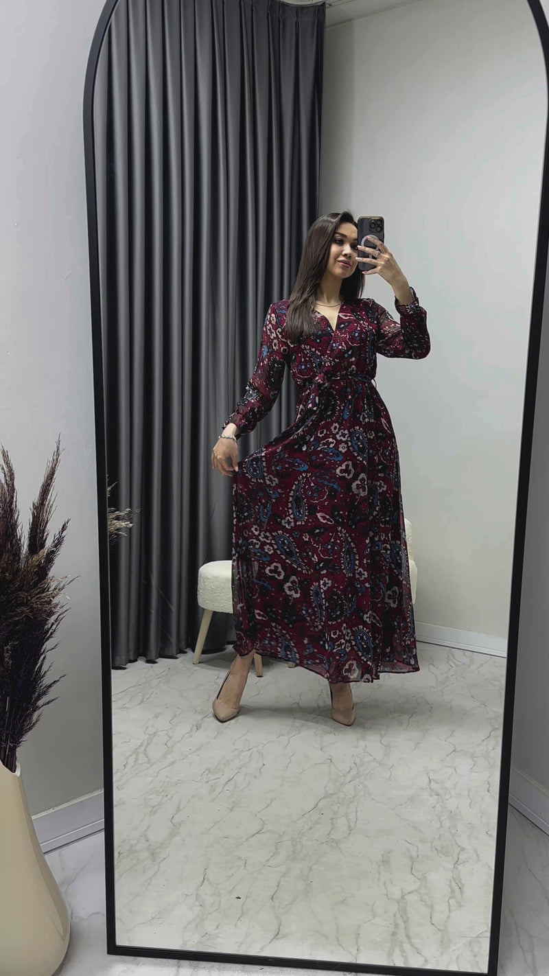 Kadın Bordo Şal Desen Kruvaze Yaka Şifon Elbise


