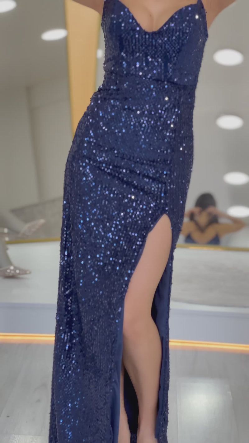 İp Askılı Pul Payet Yırtmaçlı Abiye Elbise