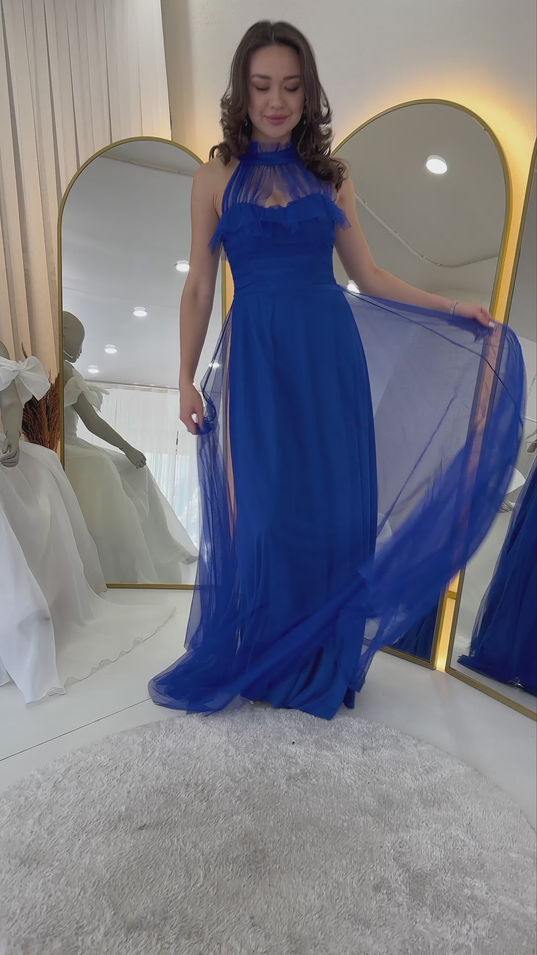 Drapeli Kolsuz Tül Abiye Elbise