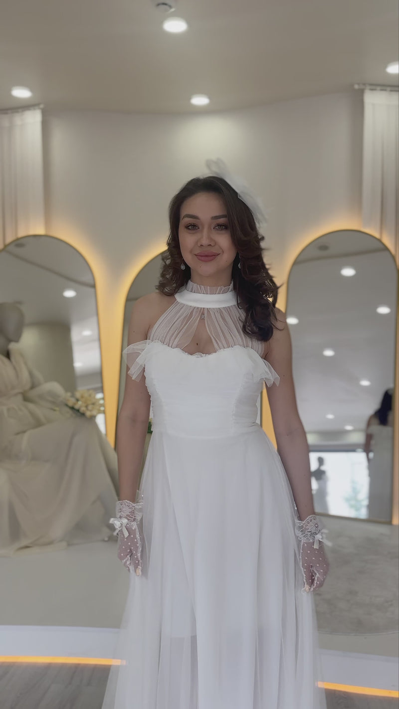 Drapeli Kolsuz Tül Abiye Elbise