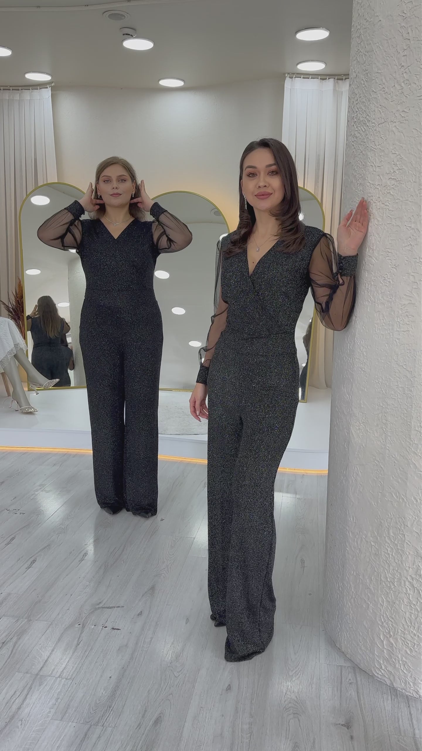 Simli Kruvaze Yaka Tül Kol Abiye