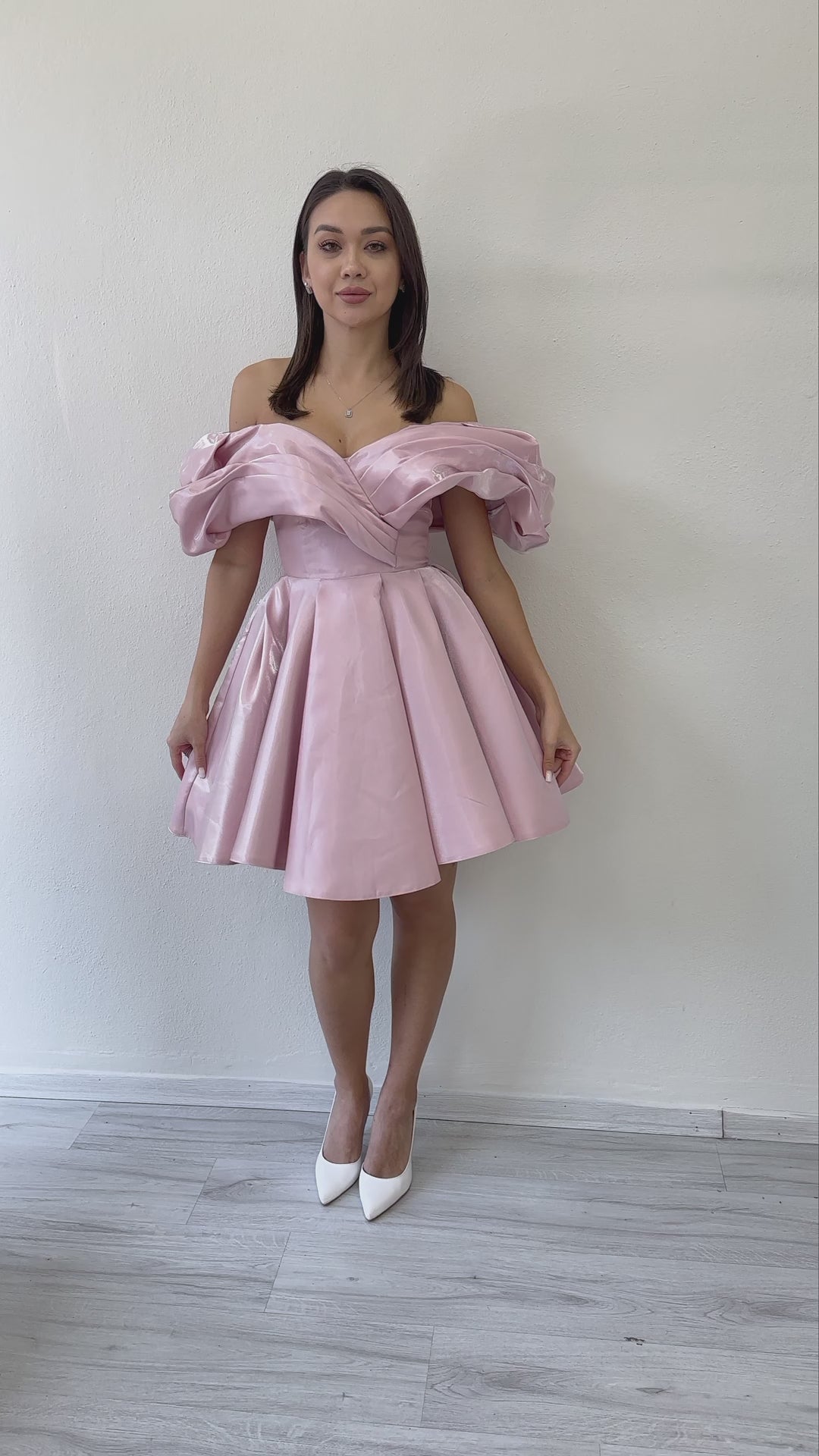 Pudra Omuz Detay Tasarım Mini Kloş Abiye Elbise