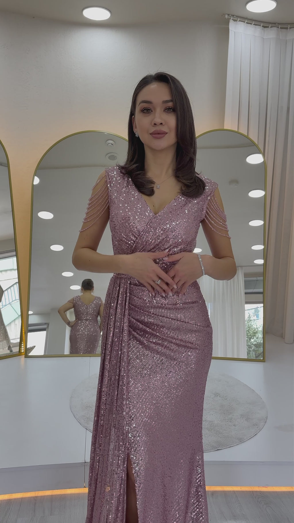 Kruvaze Yaka Omuz Detay Pul Payet Büyük Beden Abiye Elbise