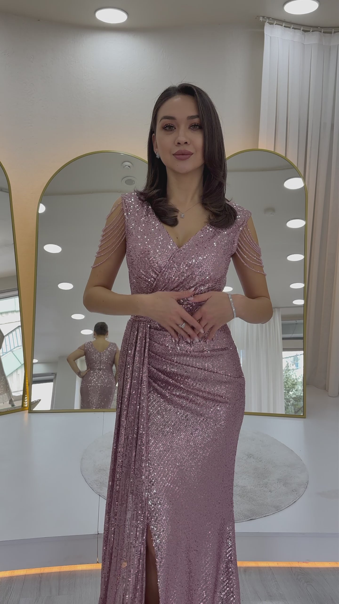 Kruvaze Yaka Omuz Detay Pul Payet Büyük Beden Abiye Elbise