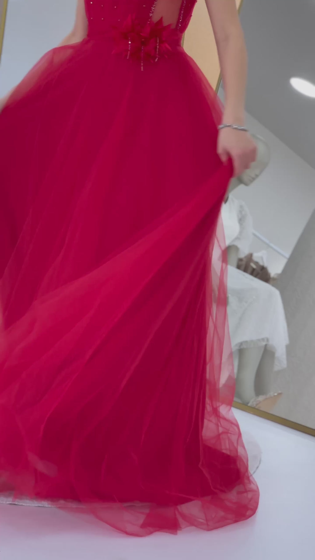 Omuz Çiçekli Transparan Detay İşlemeli Prenses Model Tül Kına Abiye Elbise